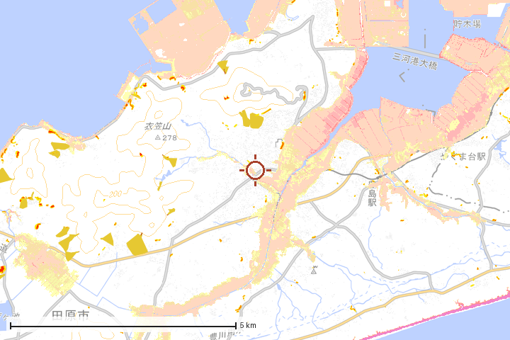 田原市周辺のハザード重ね図