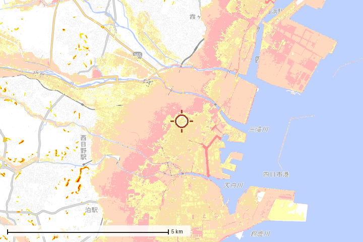 四日市市周辺のハザード重ね図