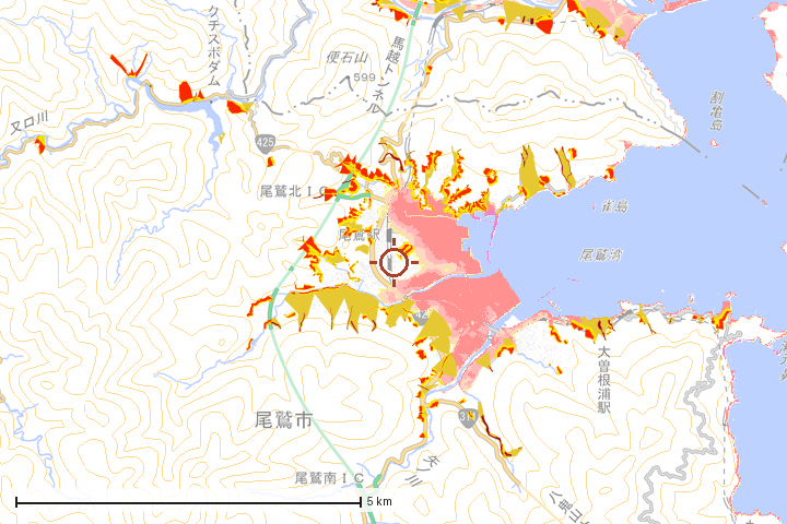 尾鷲市周辺のハザード重ね図