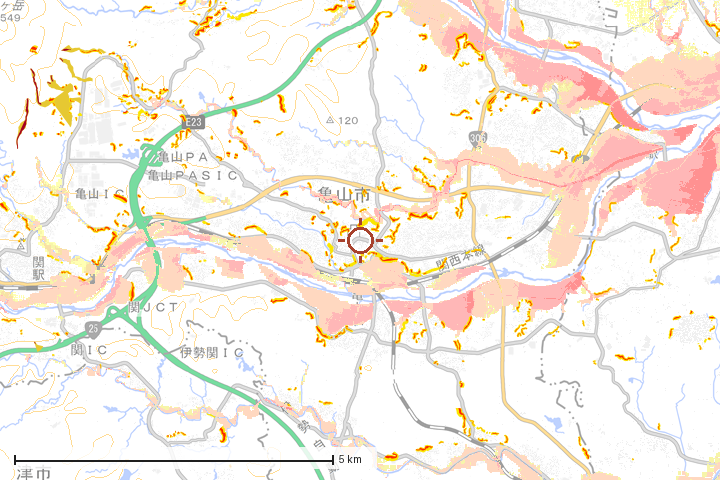 亀山市周辺のハザード重ね図