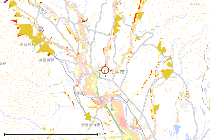 いなべ市周辺のハザード重ね図