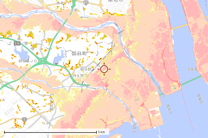 朝日町周辺のハザード重ね図