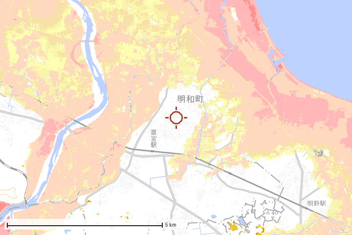 明和町周辺のハザード重ね図
