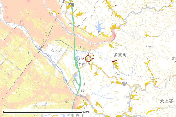 多賀町周辺のハザード重ね図