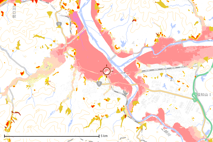 福知山市周辺のハザード重ね図