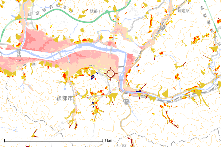 綾部市周辺のハザード重ね図