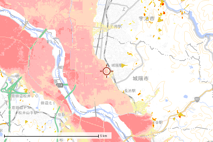 城陽市周辺のハザード重ね図