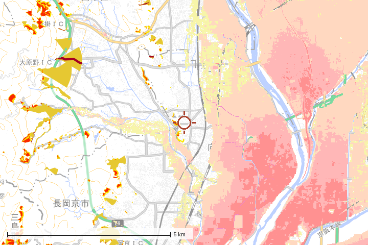 向日市周辺のハザード重ね図