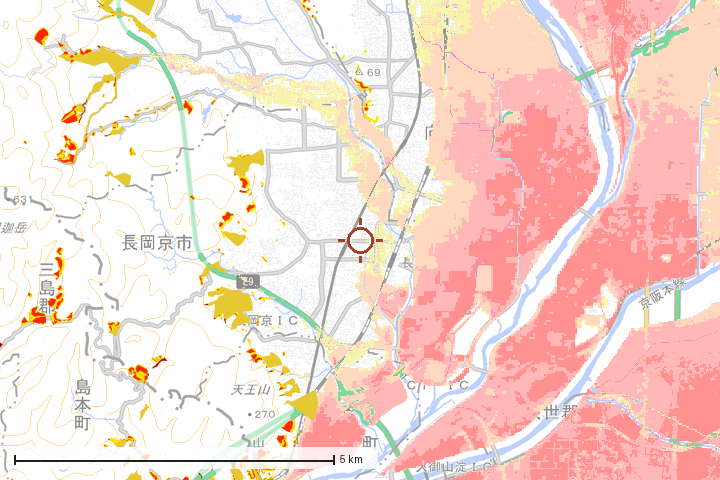長岡京市周辺のハザード重ね図