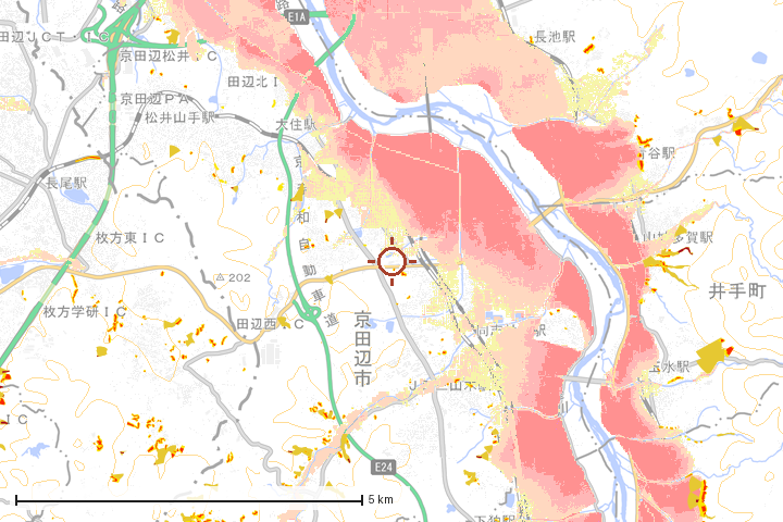 京田辺市周辺のハザード重ね図