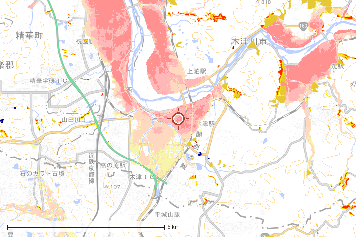 木津川市周辺のハザード重ね図