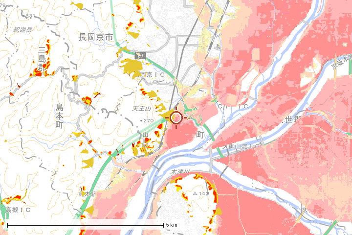 大山崎町周辺のハザード重ね図