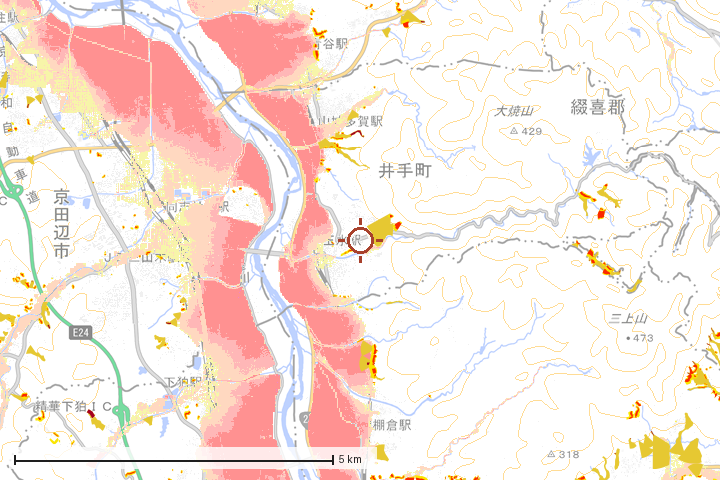井手町周辺のハザード重ね図