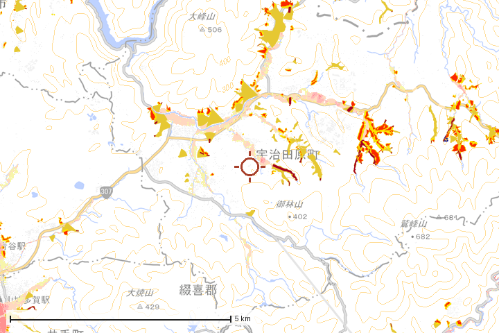 宇治田原町周辺のハザード重ね図