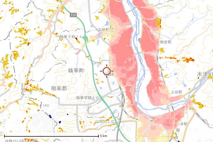 精華町周辺のハザード重ね図