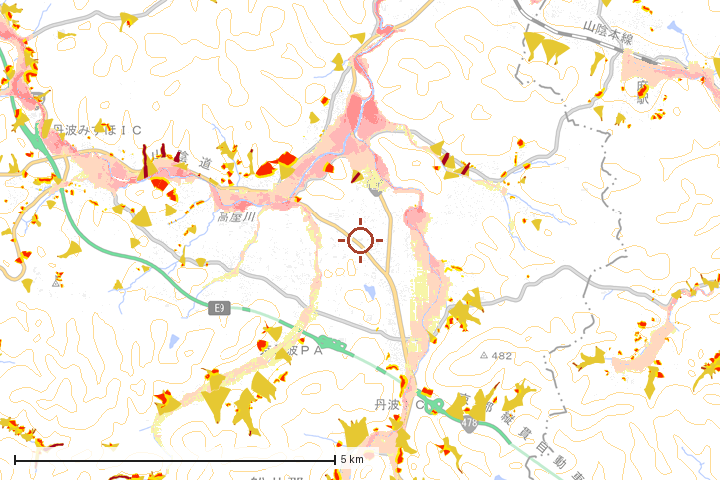 京丹波町周辺のハザード重ね図