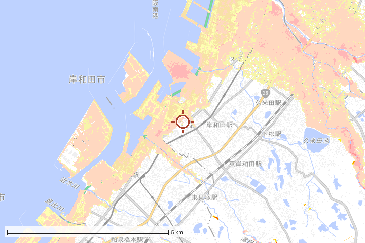 岸和田市周辺のハザード重ね図