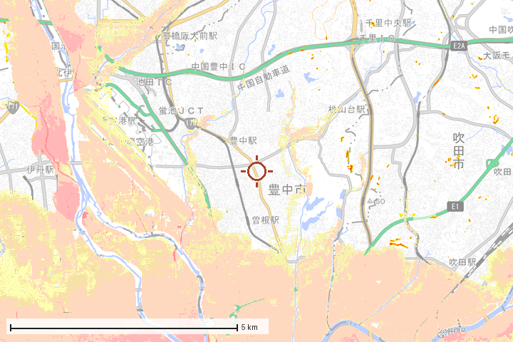 豊中市周辺のハザード重ね図