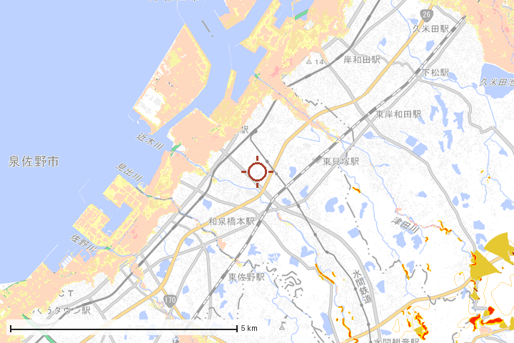 貝塚市周辺のハザード重ね図
