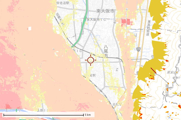 八尾市周辺のハザード重ね図