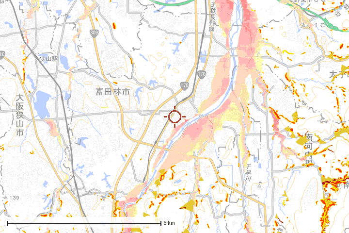 富田林市周辺のハザード重ね図