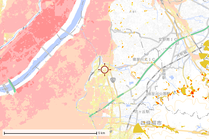 寝屋川市周辺のハザード重ね図