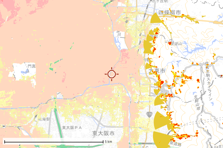 大東市周辺のハザード重ね図