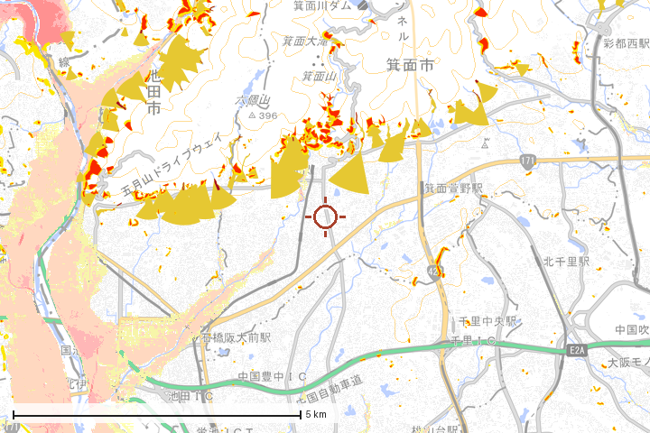 箕面市周辺のハザード重ね図
