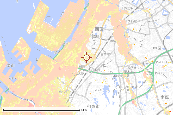 高石市周辺のハザード重ね図