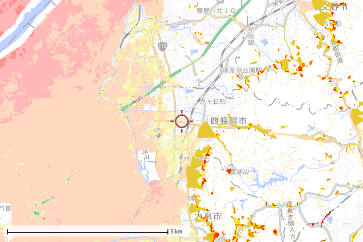 四條畷市周辺のハザード重ね図
