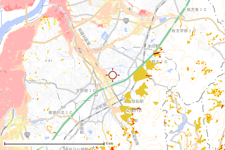 交野市周辺のハザード重ね図