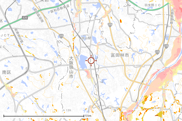 大阪狭山市周辺のハザード重ね図