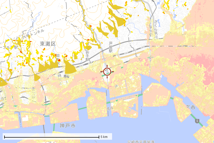 芦屋市周辺のハザード重ね図