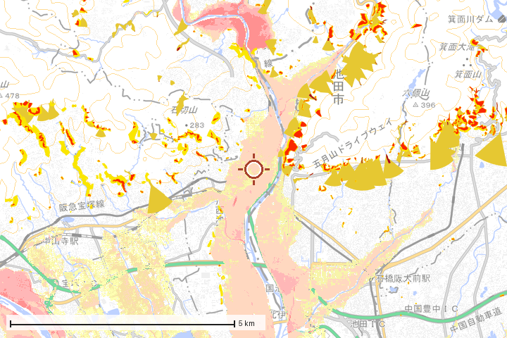 川西市周辺のハザード重ね図