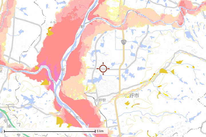 小野市周辺のハザード重ね図