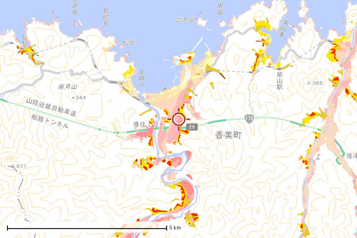 香美町周辺のハザード重ね図