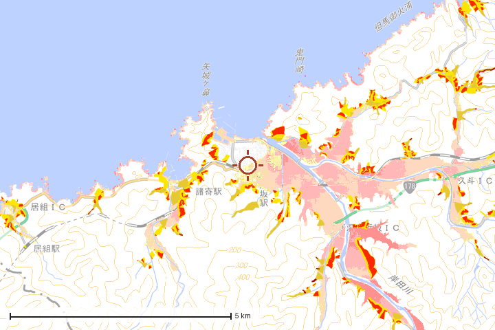 新温泉町周辺のハザード重ね図