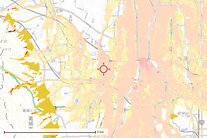 大和高田市周辺のハザード重ね図