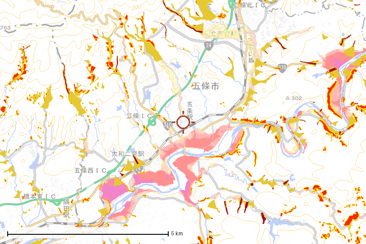 五條市周辺のハザード重ね図