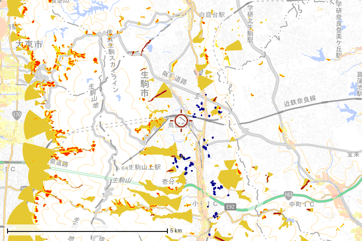 生駒市周辺のハザード重ね図