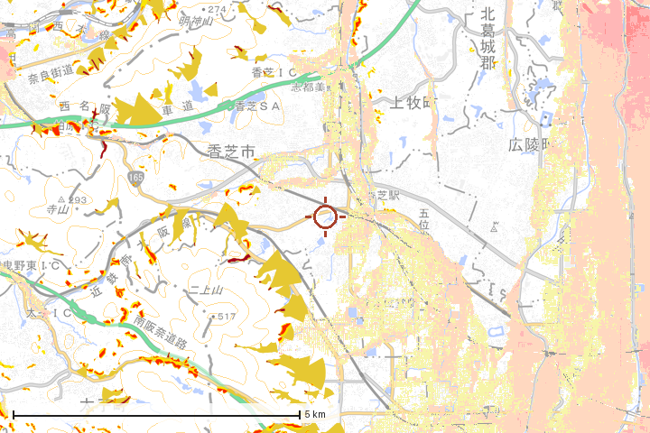 香芝市周辺のハザード重ね図