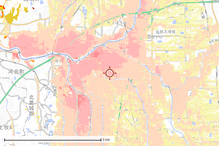 川西町周辺のハザード重ね図