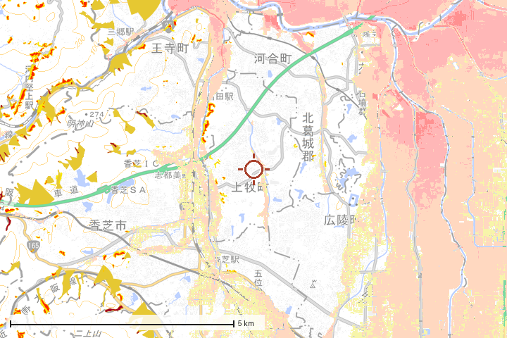 上牧町周辺のハザード重ね図