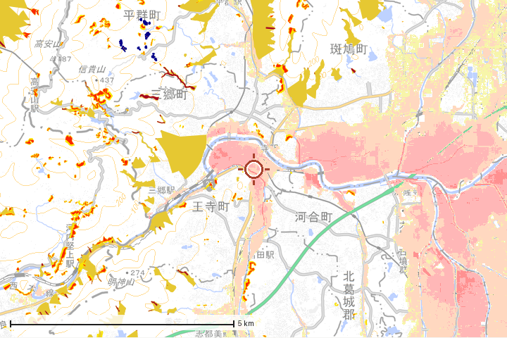 王寺町周辺のハザード重ね図