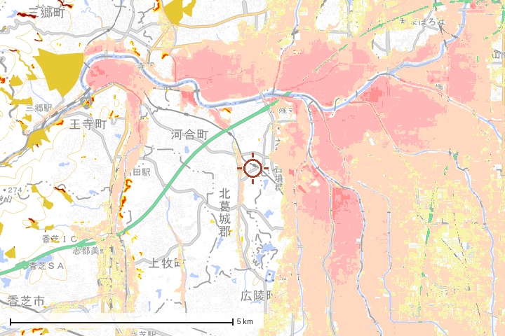 河合町周辺のハザード重ね図