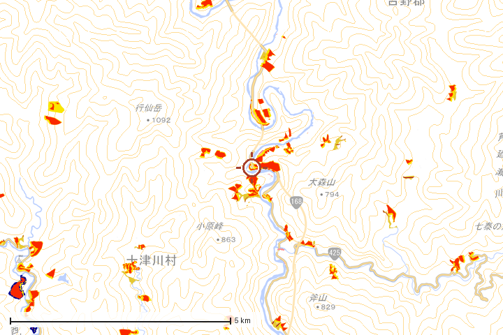 十津川村周辺のハザード重ね図
