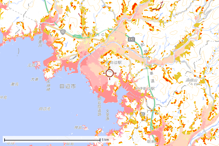 田辺市周辺のハザード重ね図