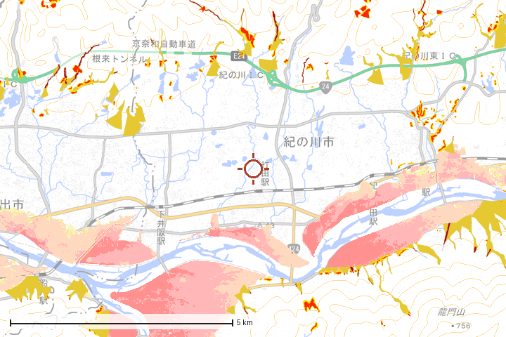 紀の川市周辺のハザード重ね図