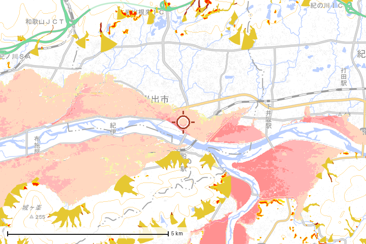 岩出市周辺のハザード重ね図