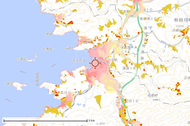 広川町周辺のハザード重ね図